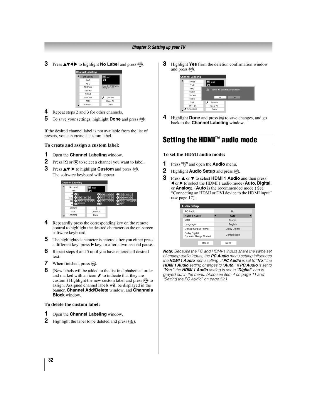 Toshiba 32HL17 manual Setting the Hdmi audio mode, To create and assign a custom label, To set the Hdmi audio mode 