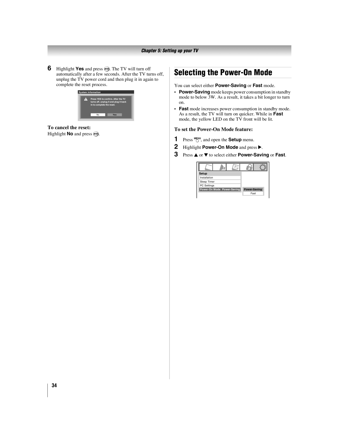 Toshiba 32HL17 manual Selecting the Power-On Mode, To cancel the reset, To set the Power-On Mode feature 