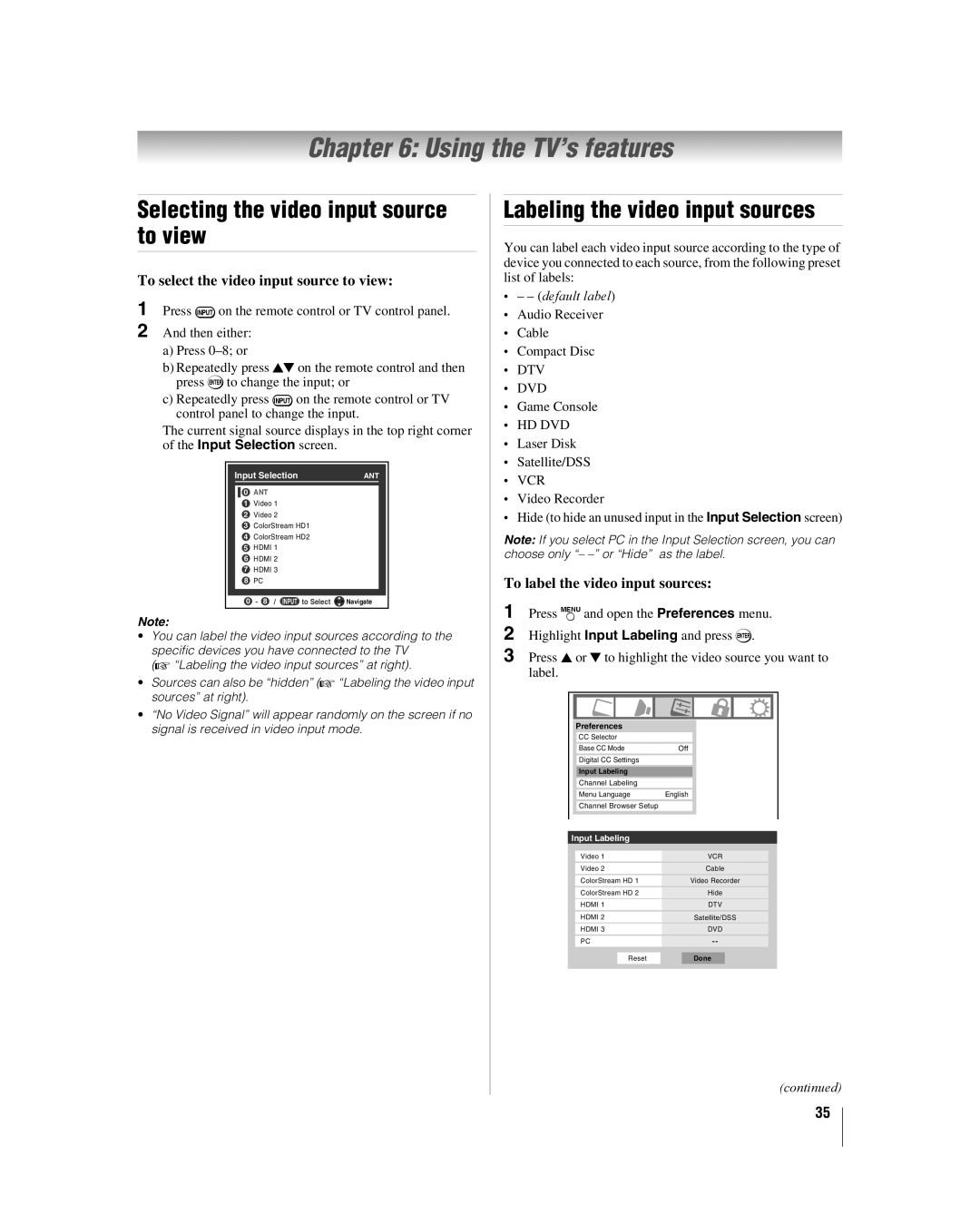 Toshiba 32HL17 manual Using the TV’s features, Selecting the video input source to view, Labeling the video input sources 