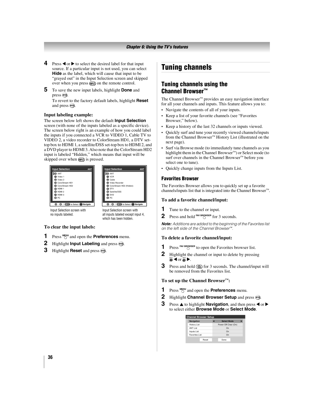 Toshiba 32HL17 manual Tuning channels using Channel Browser, Favorites Browser 