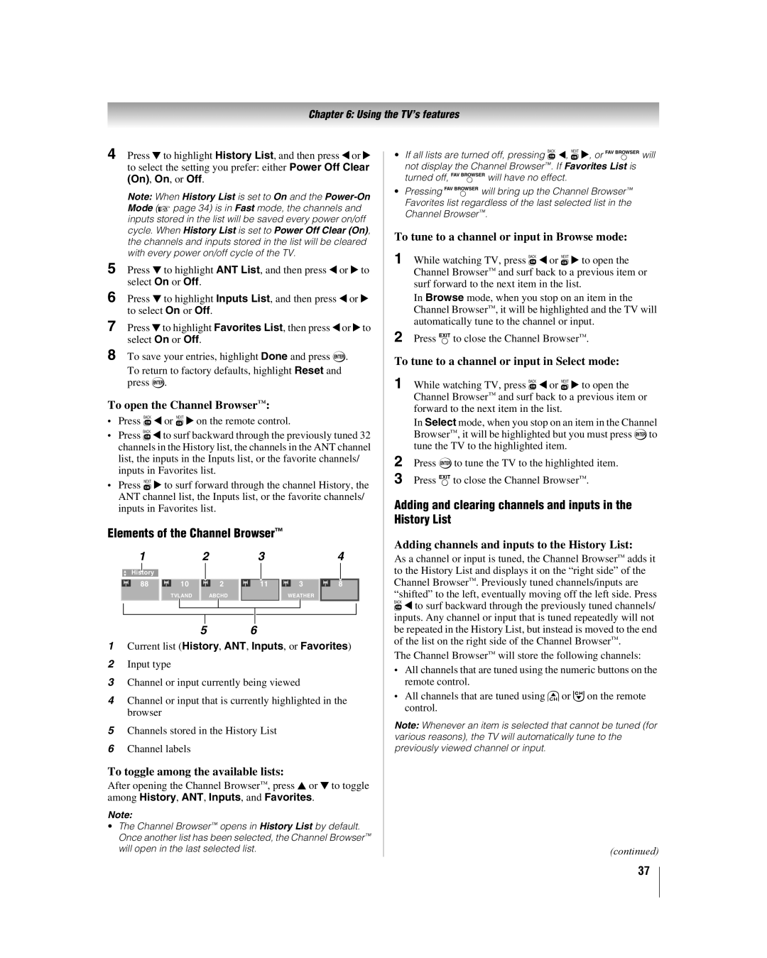 Toshiba 32HL17 manual Elements of the Channel Browser, Adding and clearing channels and inputs in the History List 