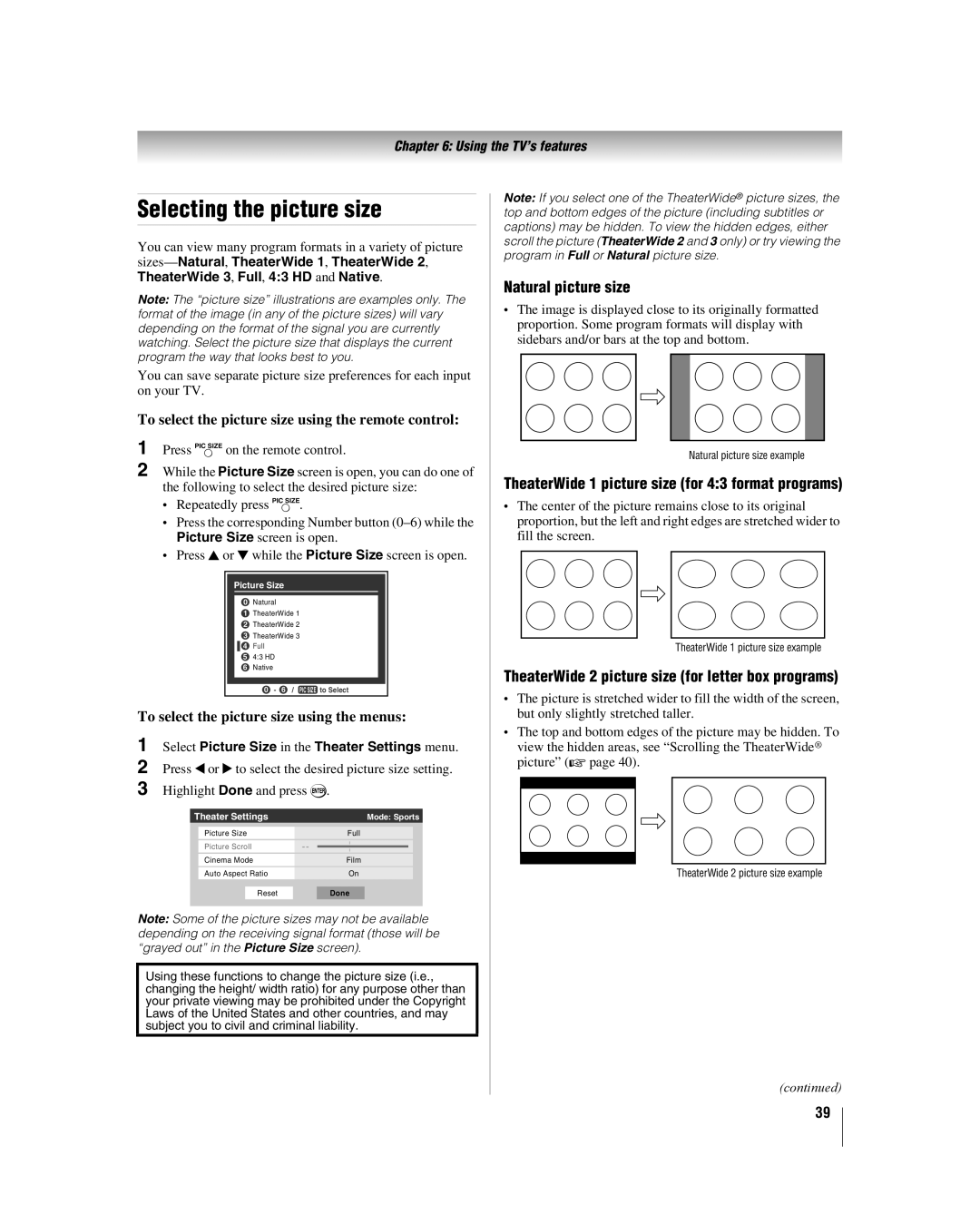 Toshiba 32HL17 manual Selecting the picture size, Natural picture size, TheaterWide 1 picture size for 43 format programs 