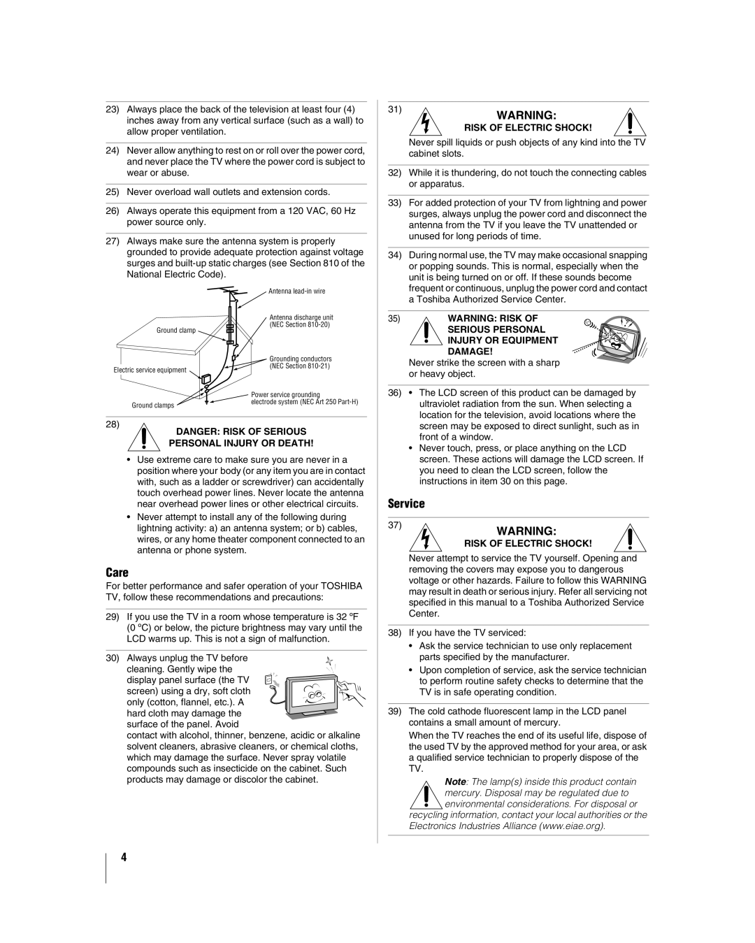 Toshiba 32HL17 manual Care, Service 