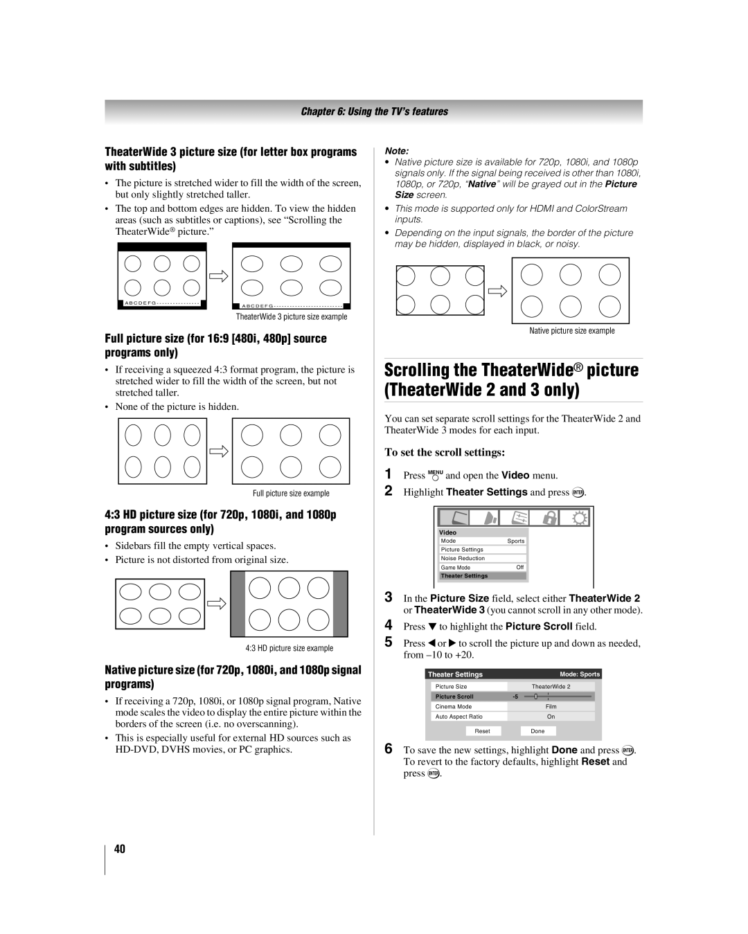 Toshiba 32HL17 manual Full picture size for 169 480i, 480p source programs only, To set the scroll settings 