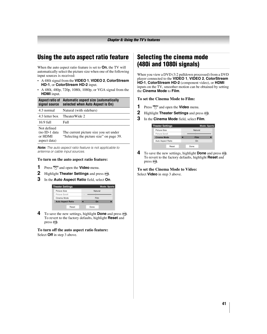 Toshiba 32HL17 manual To turn on the auto aspect ratio feature, To turn off the auto aspect ratio feature 