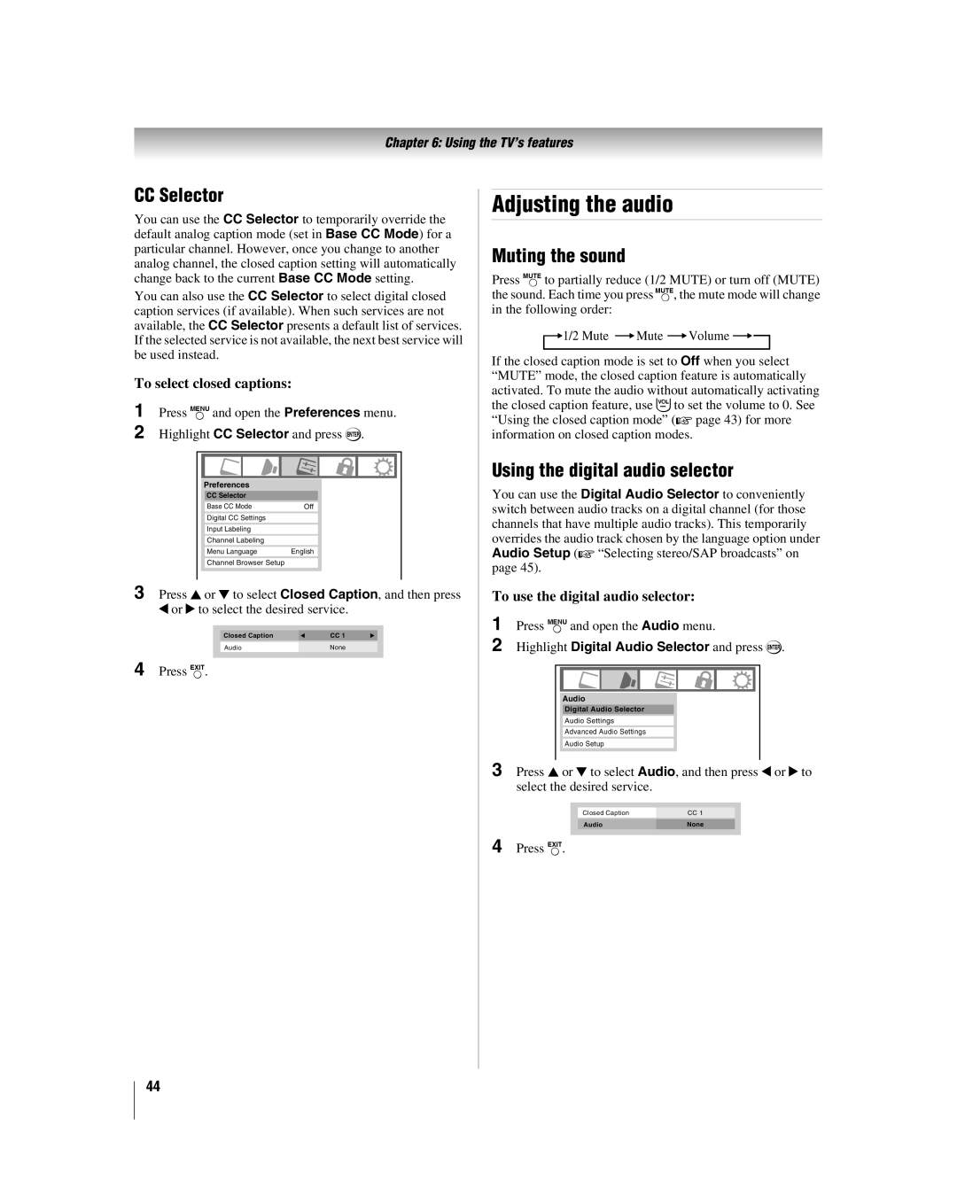 Toshiba 32HL17 manual Adjusting the audio, CC Selector, Muting the sound, Using the digital audio selector 