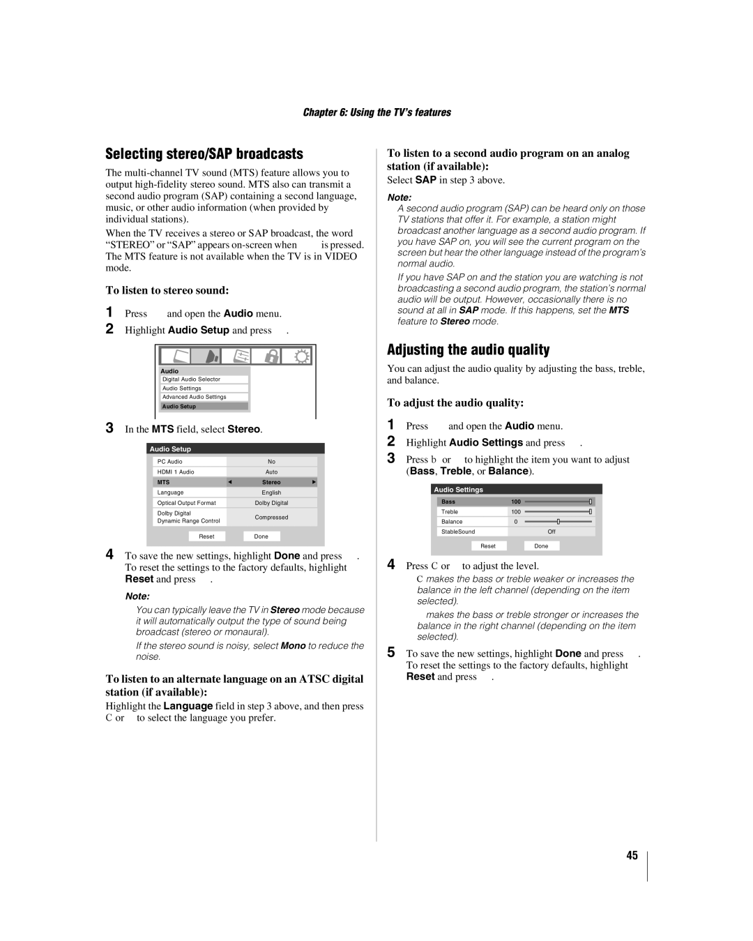 Toshiba 32HL17 manual Selecting stereo/SAP broadcasts, Adjusting the audio quality, To listen to stereo sound 