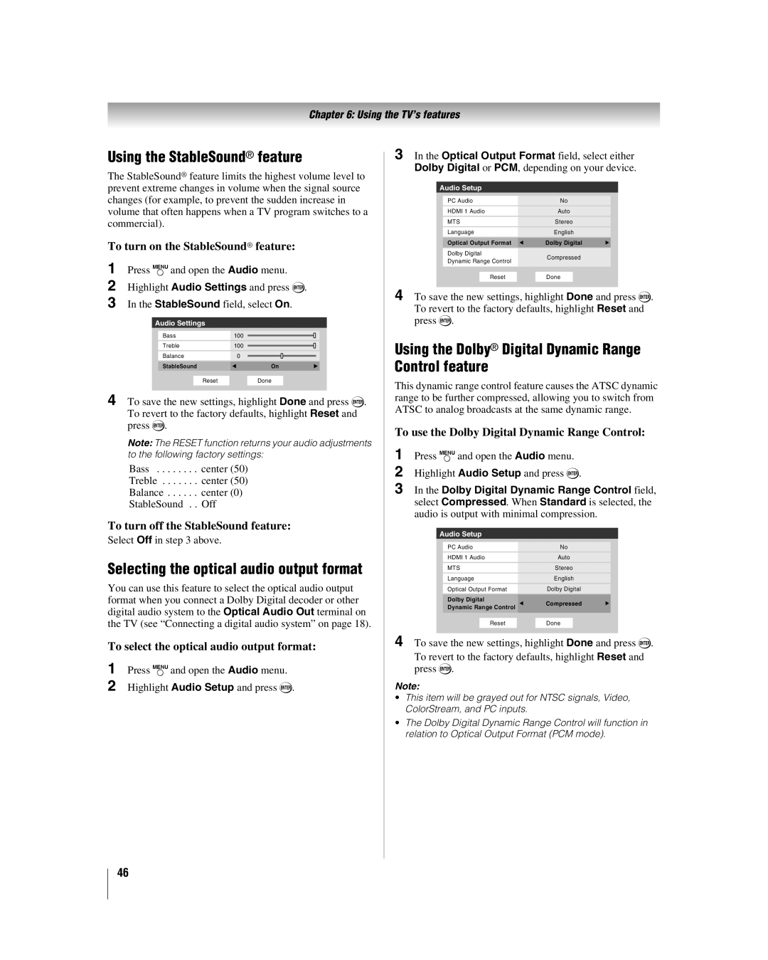 Toshiba 32HL17 manual Using the StableSound feature, Using the Dolby Digital Dynamic Range Control feature 