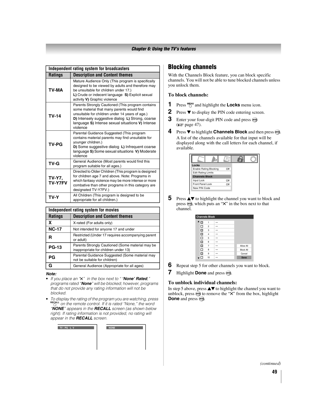 Toshiba 32HL17 manual Blocking channels, To block channels, To unblock individual channels 