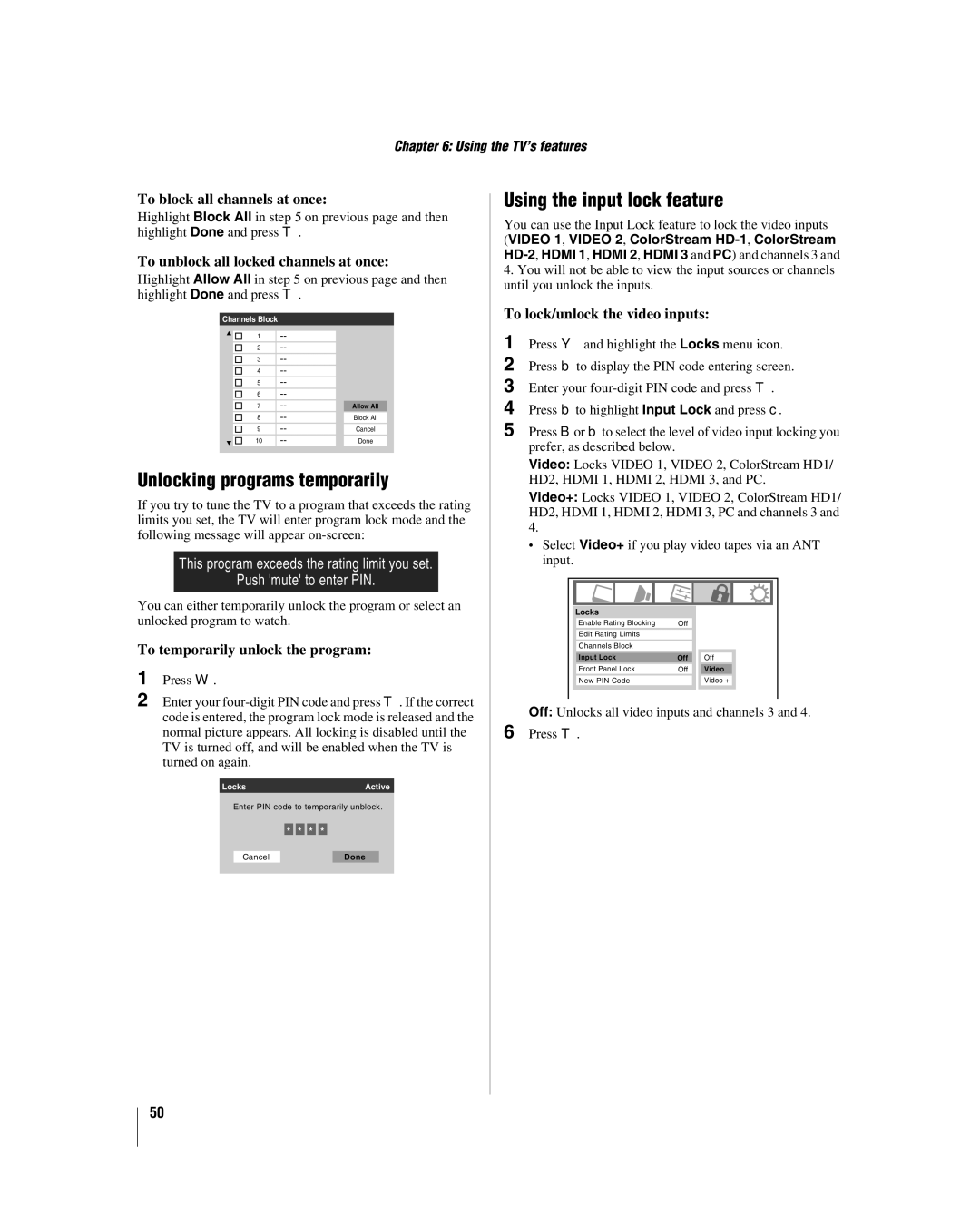 Toshiba 32HL17 manual Unlocking programs temporarily, Using the input lock feature 