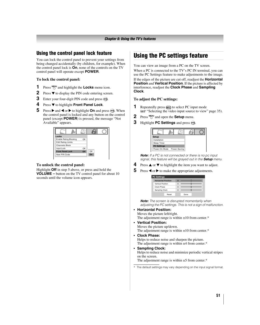 Toshiba 32HL17 manual Using the PC settings feature, Using the control panel lock feature, To lock the control panel 