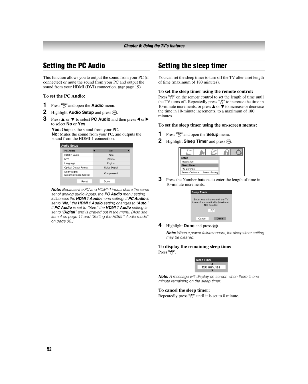 Toshiba 32HL17 manual Setting the PC Audio, Setting the sleep timer 