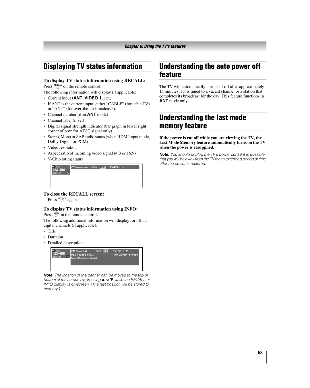 Toshiba 32HL17 manual Understanding the auto power off feature, Understanding the last mode memory feature 