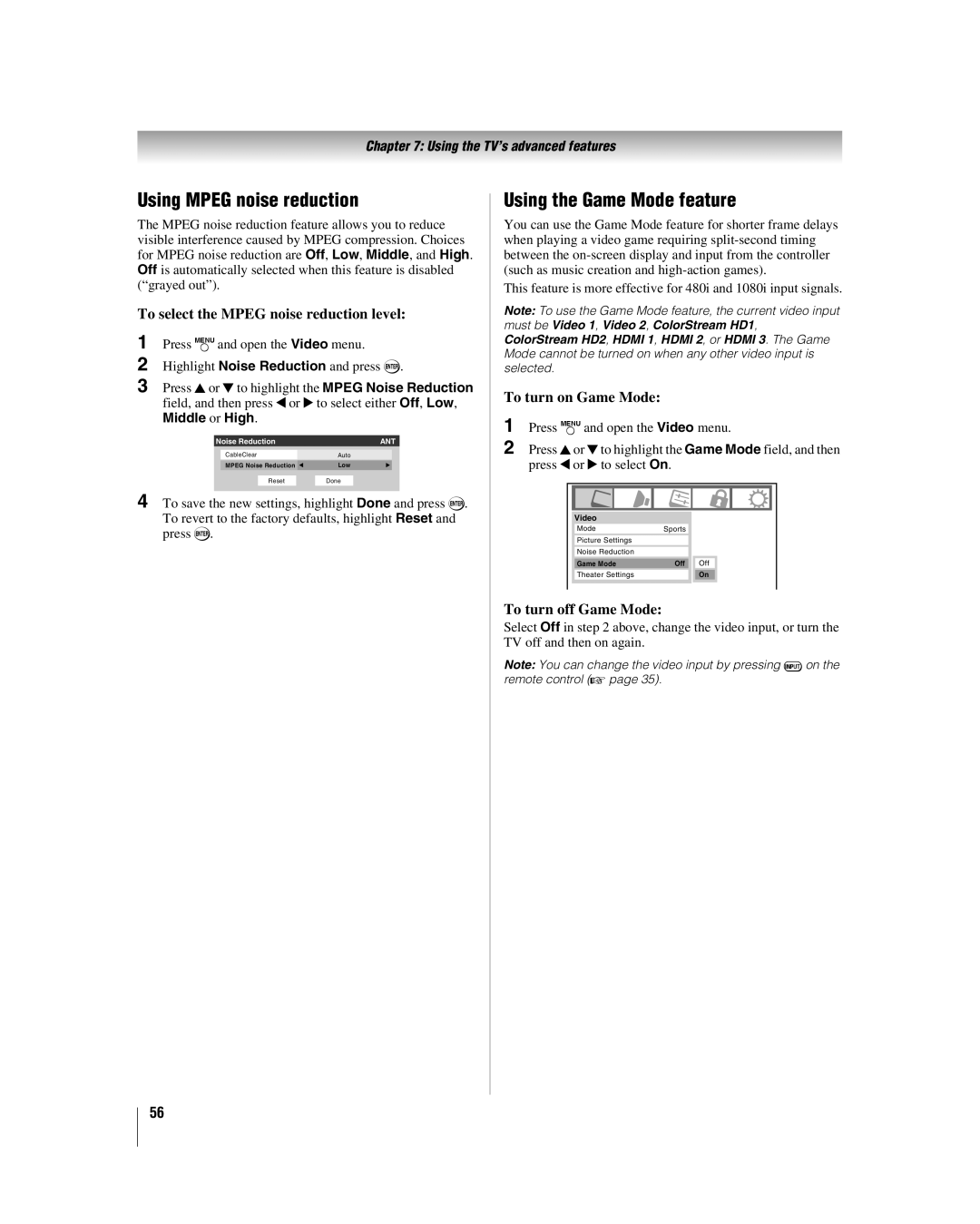 Toshiba 32HL17 manual Using Mpeg noise reduction, Using the Game Mode feature, To select the Mpeg noise reduction level 