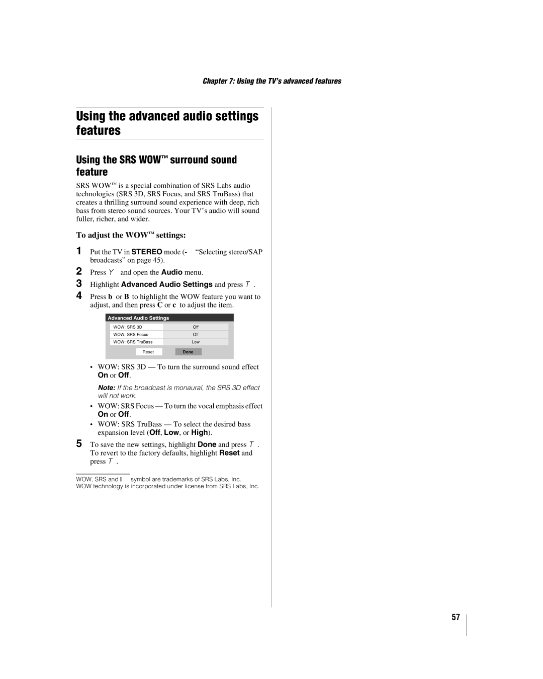 Toshiba 32HL17 manual Using the advanced audio settings features, Using the SRS WOW surround sound feature, On or Off 