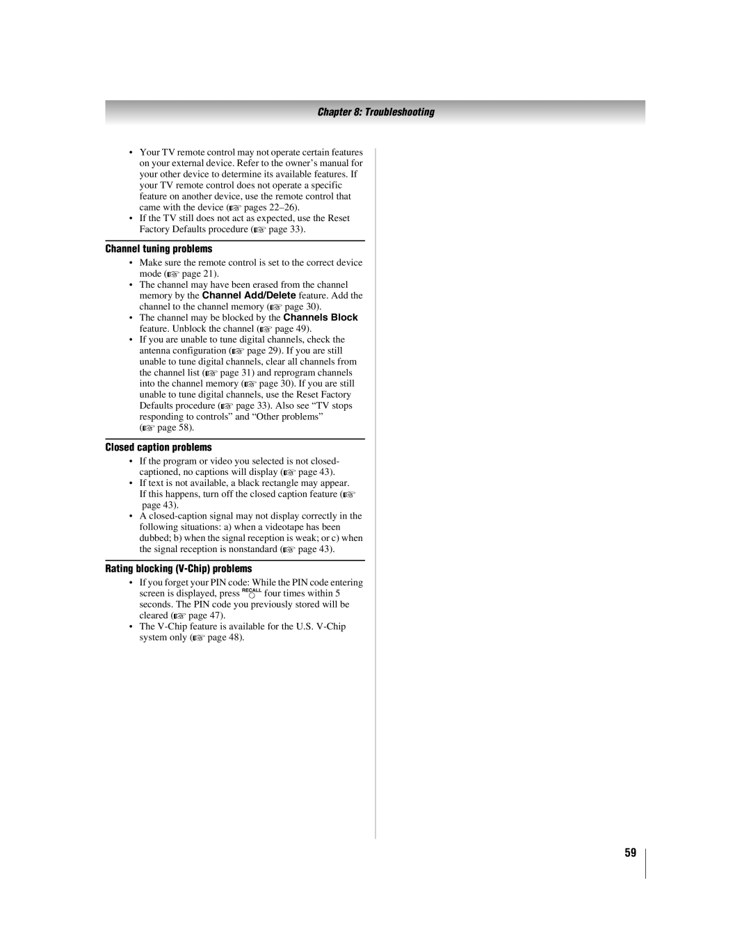 Toshiba 32HL17 manual Channel tuning problems, Closed caption problems, Rating blocking V-Chip problems 