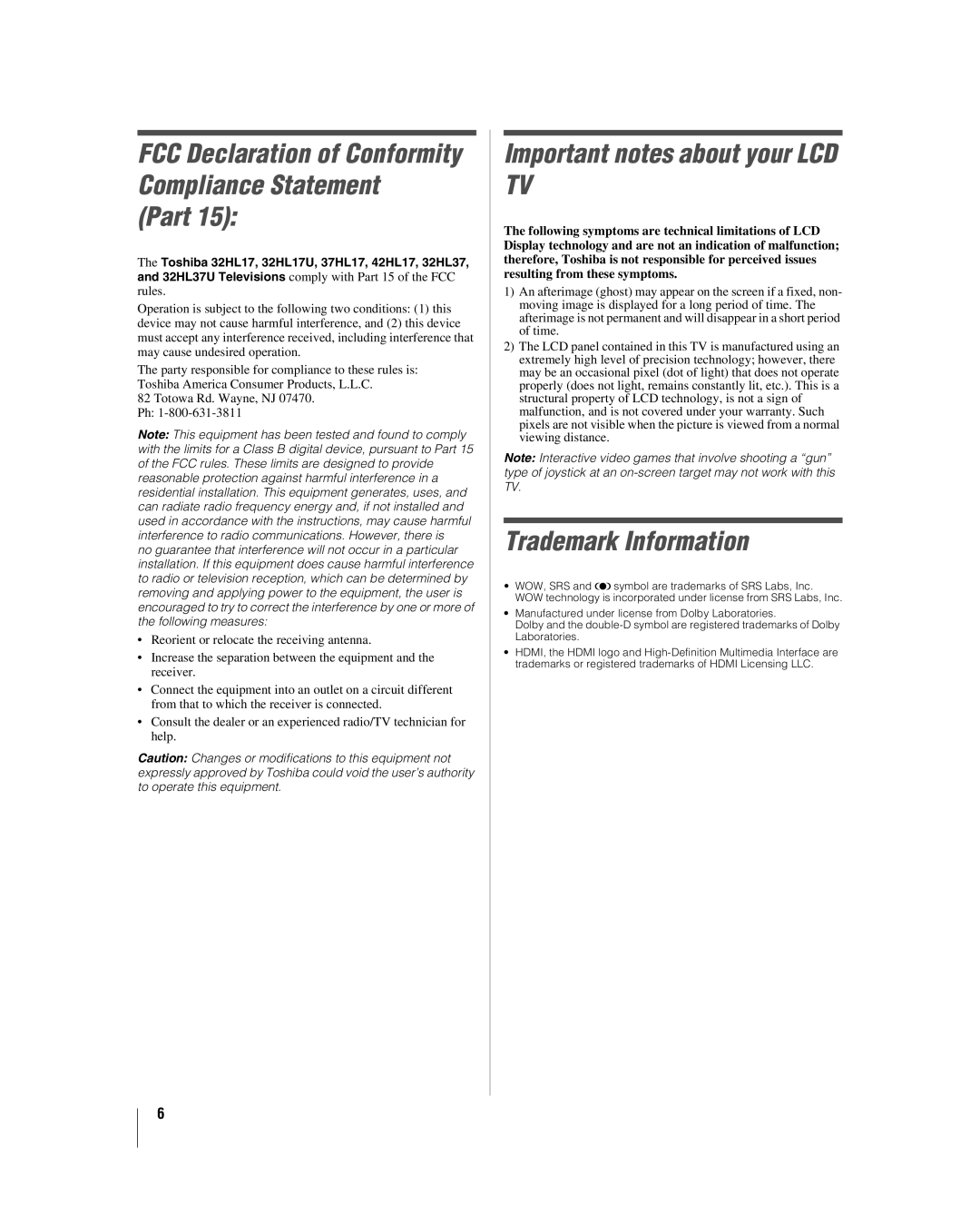 Toshiba 32HL17 manual Part, Important notes about your LCD TV, Trademark Information 