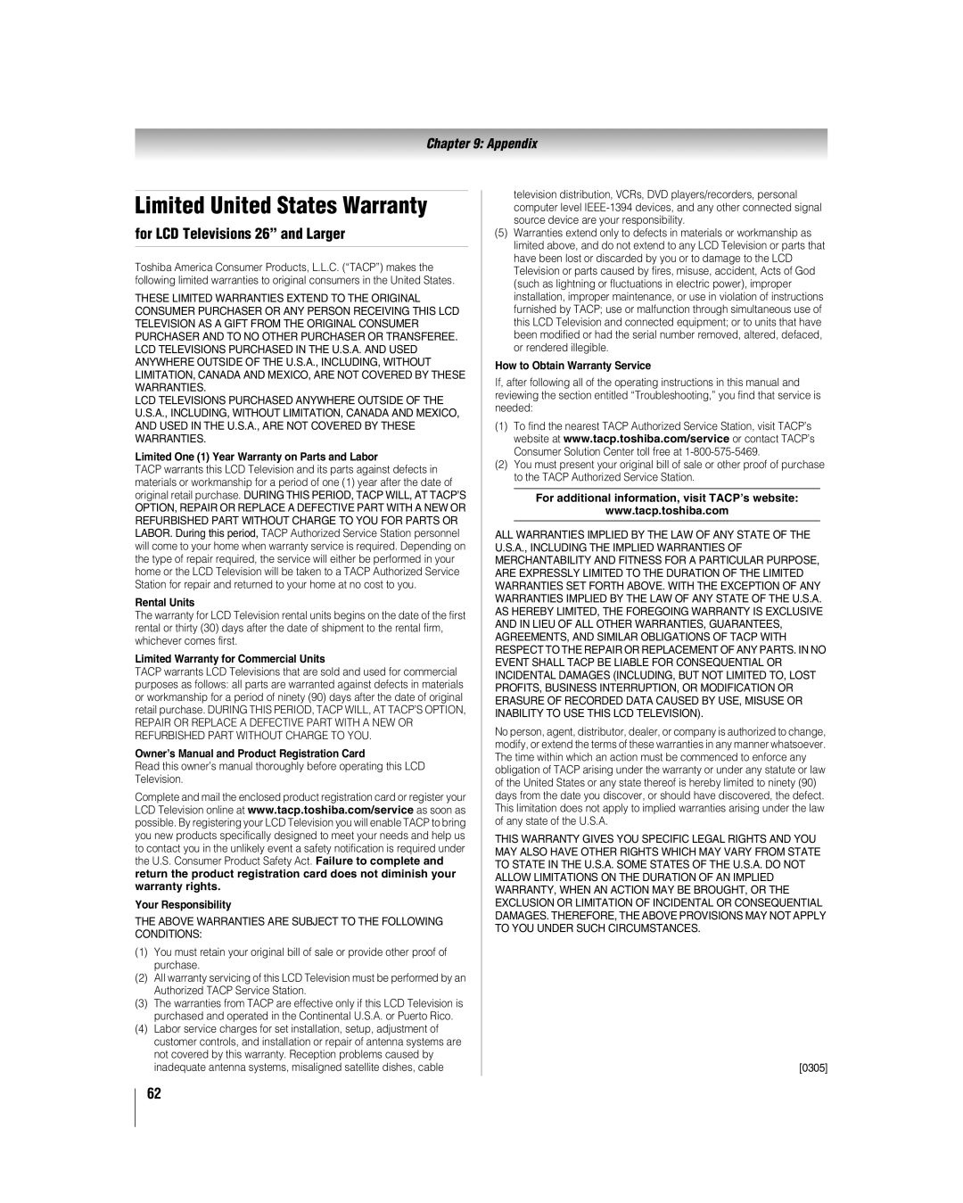 Toshiba 32HL17 manual Limited United States Warranty, For LCD Televisions 26 and Larger 