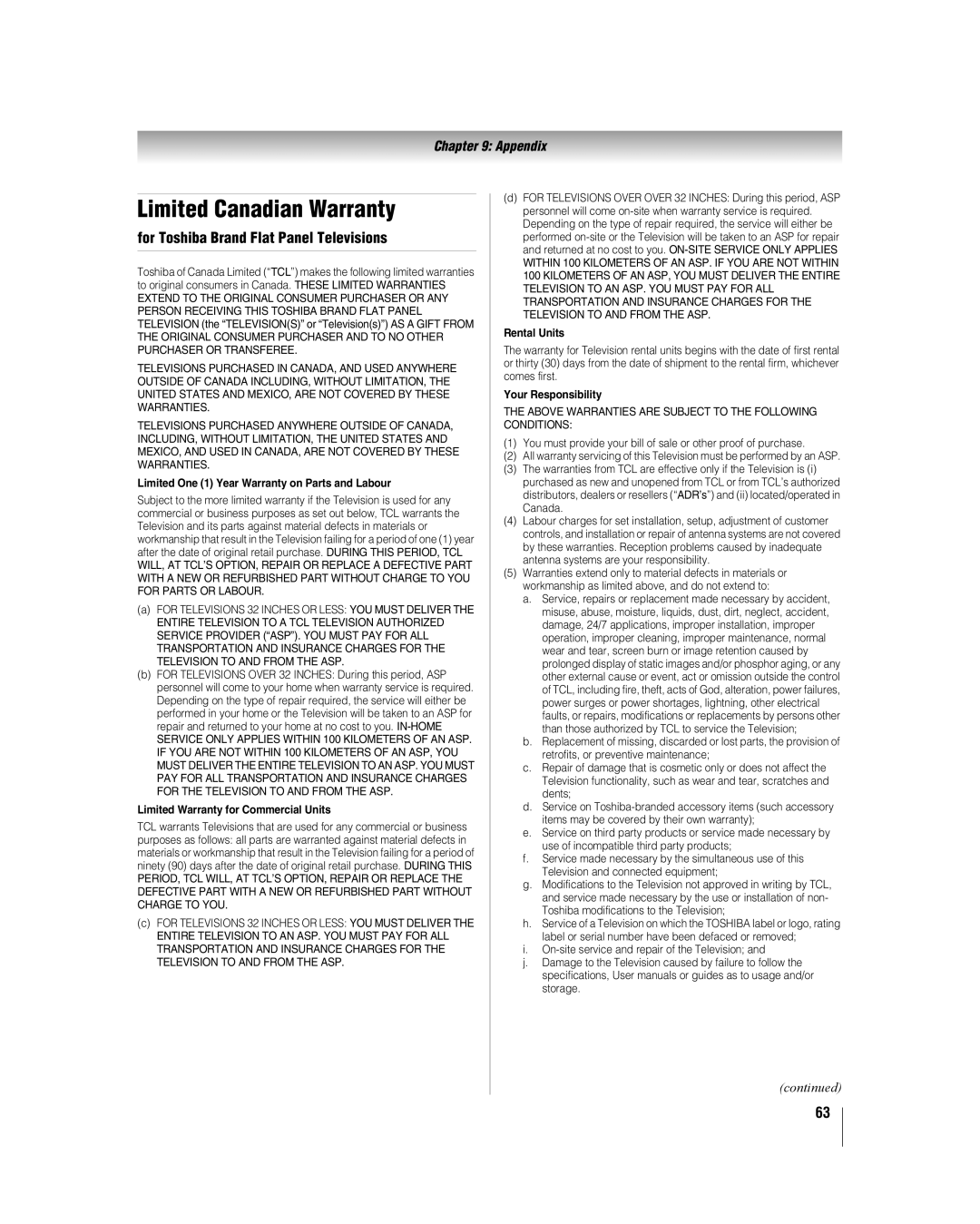 Toshiba 32HL17 manual Limited Canadian Warranty, For Toshiba Brand Flat Panel Televisions 