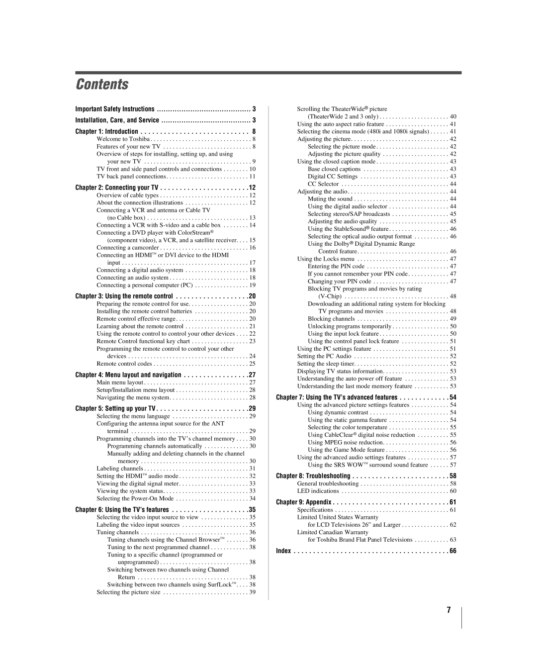 Toshiba 32HL17 manual Contents 