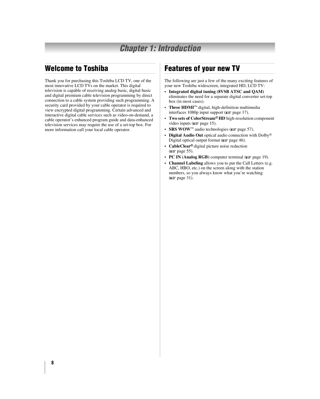 Toshiba 32HL17 manual Introduction, Welcome to Toshiba, Features of your new TV 