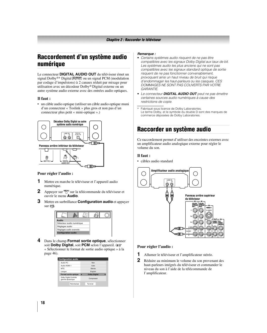 Toshiba 37HL17, 32HL17U, 32HL37 Raccordement d’un système audio numérique, Raccorder un système audio, Pour régler l’audio 