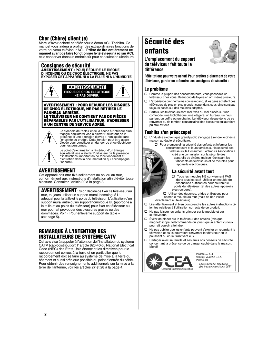 Toshiba 32HL37U, 32HL17U, 37HL17, 42HL17 manual Cher Chère client e, Consignes de sécurité 