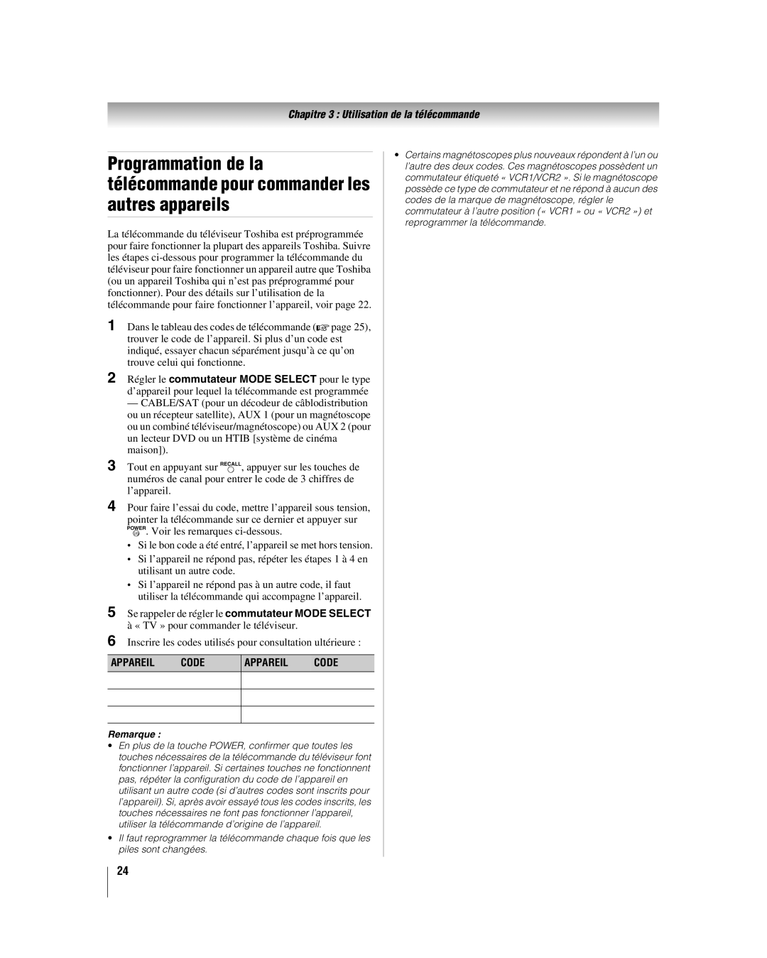 Toshiba 42HL17, 32HL17U, 32HL37U, 37HL17 manual Appareil Code 