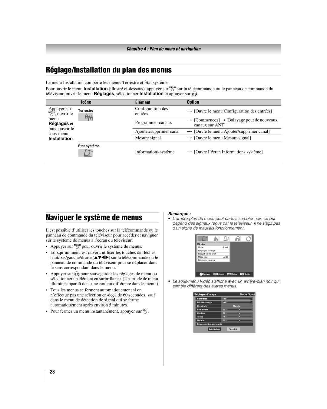 Toshiba 37HL17, 32HL17U, 32HL37U manual Réglage/Installation du plan des menus, Naviguer le système de menus, Réglages et 