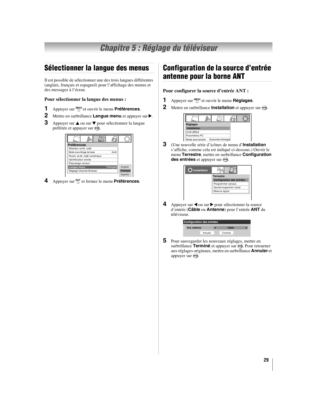 Toshiba 42HL17 Chapitre 5 Réglage du téléviseur, Sélectionner la langue des menus, Pour sélectionner la langue des menus 