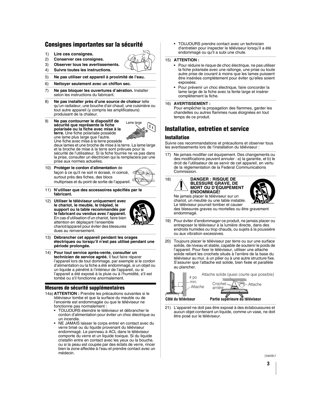 Toshiba 37HL17, 32HL17U manual Consignes importantes sur la sécurité, Installation, entretien et service, Lire ces consignes 