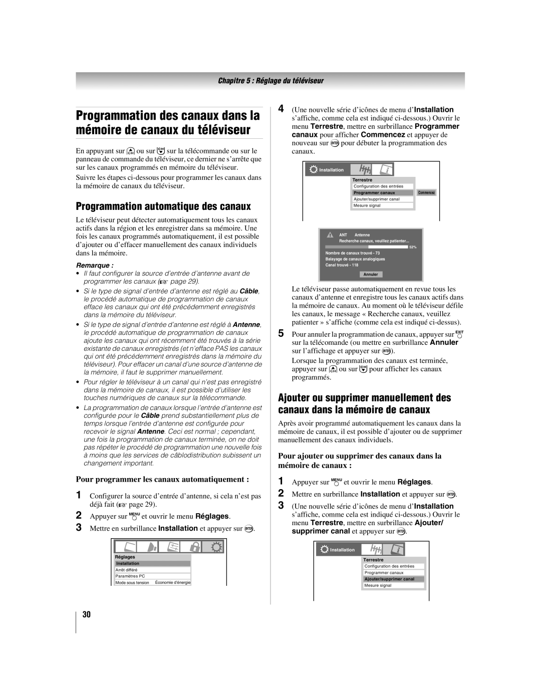 Toshiba 32HL17U, 32HL37U, 37HL17, 42HL17 Programmation automatique des canaux, Pour programmer les canaux automatiquement 