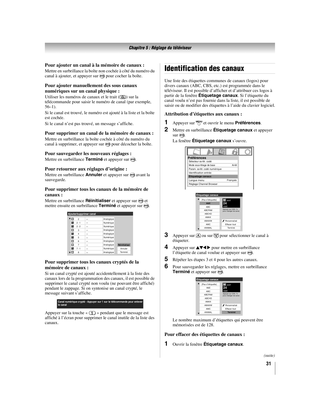 Toshiba 32HL17U, 32HL37U, 37HL17, 42HL17 manual Identification des canaux 