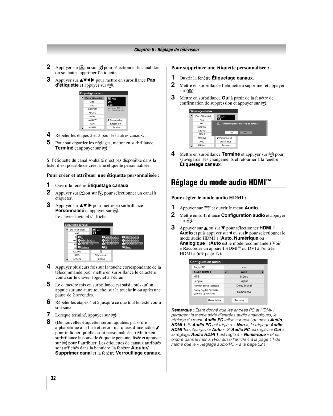 Toshiba 32HL37U Réglage du mode audio Hdmi, Pour supprimer une étiquette personnalisée, Pour régler le mode audio Hdmi 