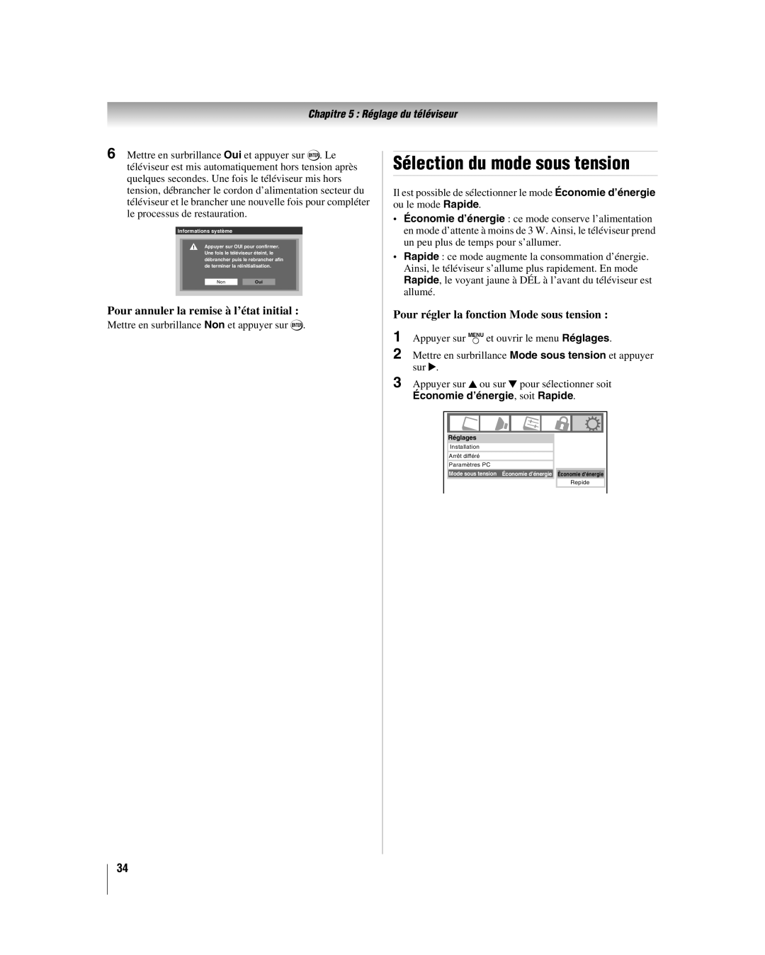 Toshiba 42HL17, 32HL17U, 32HL37U, 37HL17 manual Sélection du mode sous tension, Pour annuler la remise à l’état initial 