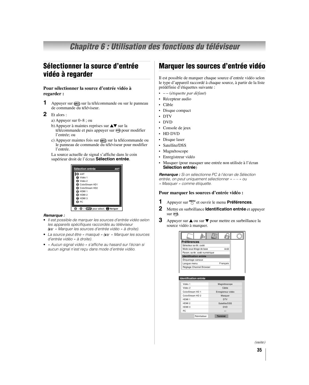 Toshiba 32HL17U manual Chapitre 6 Utilisation des fonctions du téléviseur, Sélectionner la source d’entrée vidéo à regarder 