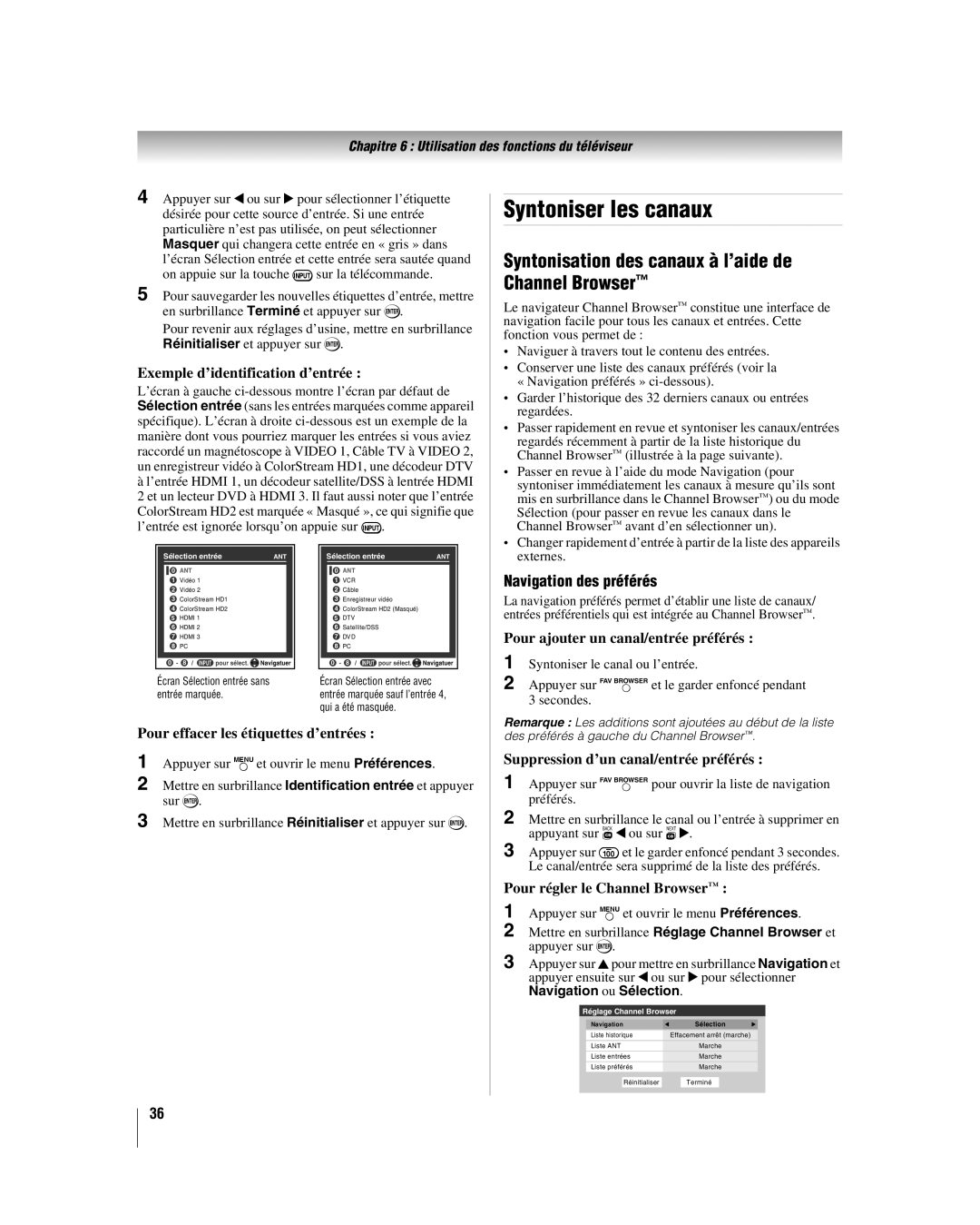 Toshiba 32HL37 manual Syntoniser les canaux, Syntonisation des canaux à l’aide de Channel Browser, Navigation des préférés 