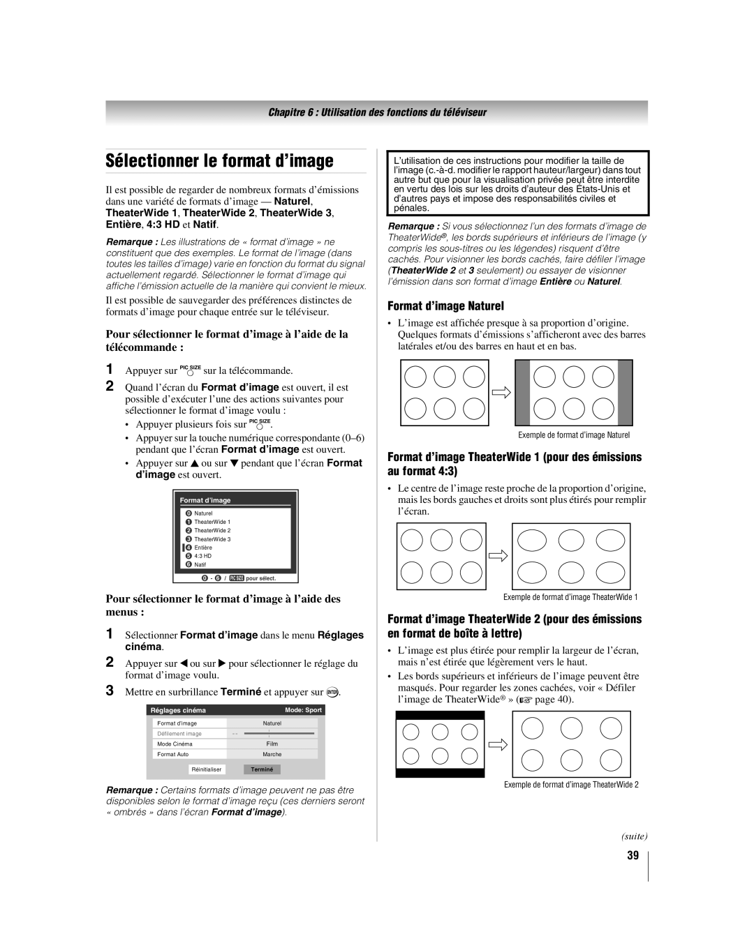 Toshiba 42HL17, 32HL17U, 32HL37 manual Sélectionner le format d’image, Pour sélectionner le format d’image à l’aide des menus 