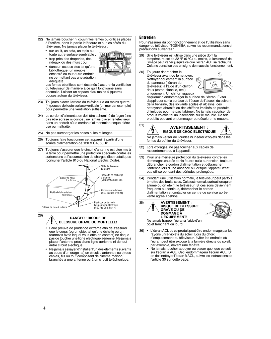 Toshiba 42HL17, 32HL17U, 32HL37U, 37HL17 manual Entretien, Risque DE Choc Électrique 