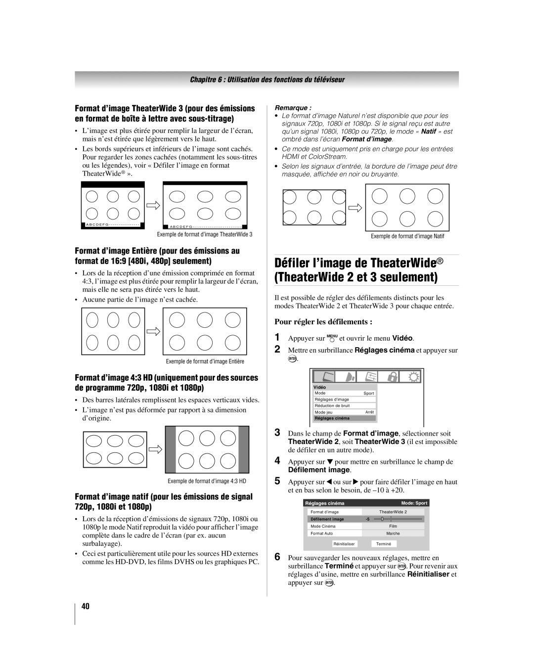 Toshiba 32HL17U, 32HL37U manual Défiler l’image de TheaterWide TheaterWide 2 et 3 seulement, Pour régler les défilements 