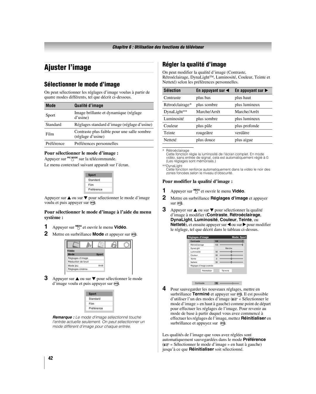 Toshiba 32HL37U, 32HL17U, 37HL17, 42HL17 manual Ajuster l’image, Sélectionner le mode d’image, Régler la qualité d’image 