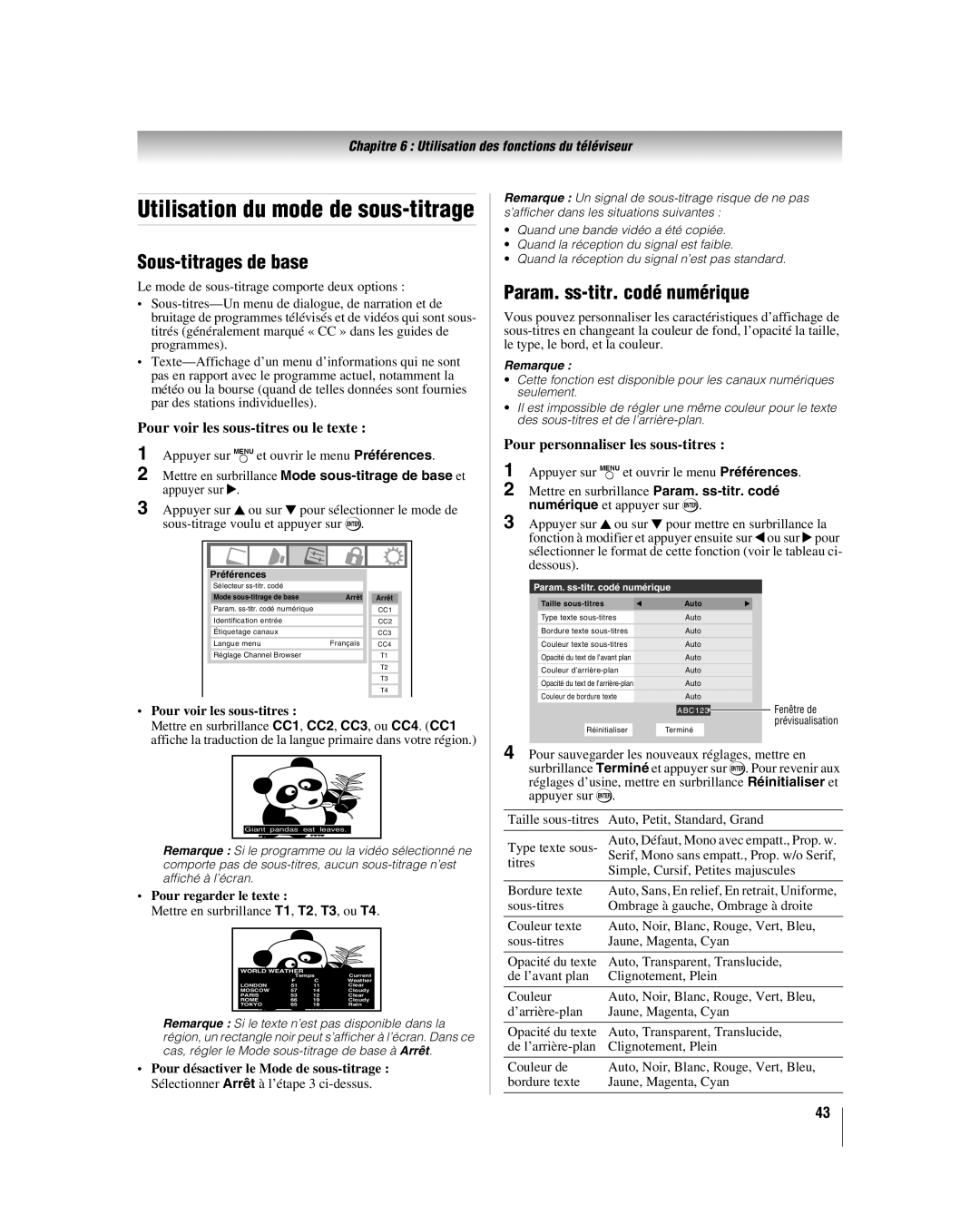 Toshiba 37HL17, 32HL17U, 32HL37 Utilisation du mode de sous-titrage, Sous-titrages de base, Param. ss-titr. codé numérique 