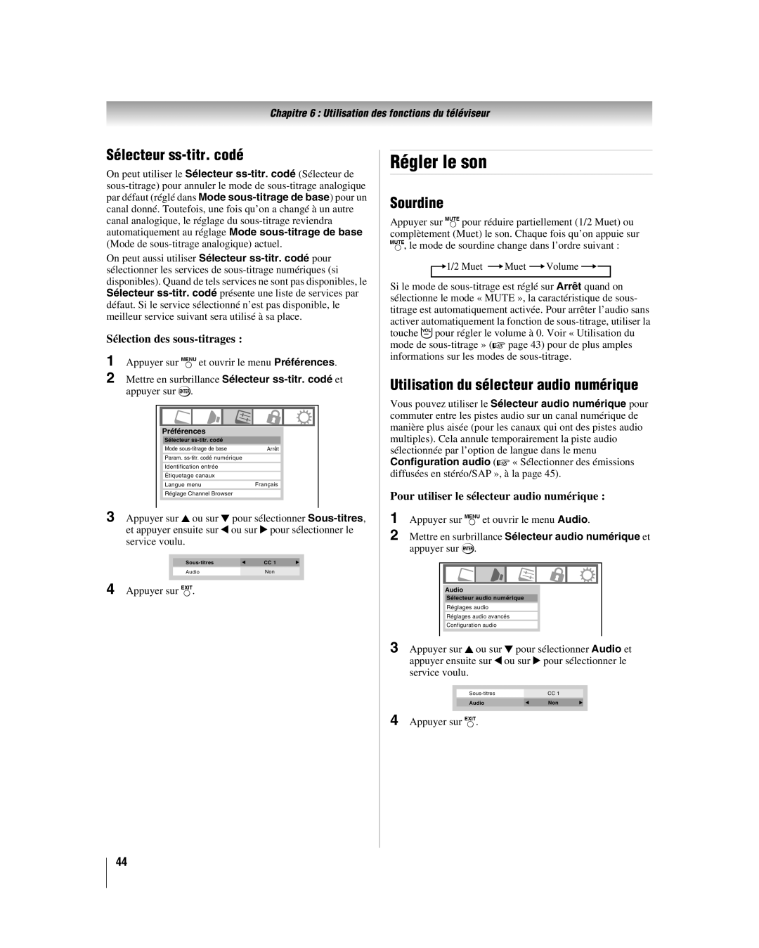 Toshiba 42HL17, 32HL17U, 32HL37 Régler le son, Sélecteur ss-titr. codé, Sourdine, Utilisation du sélecteur audio numérique 