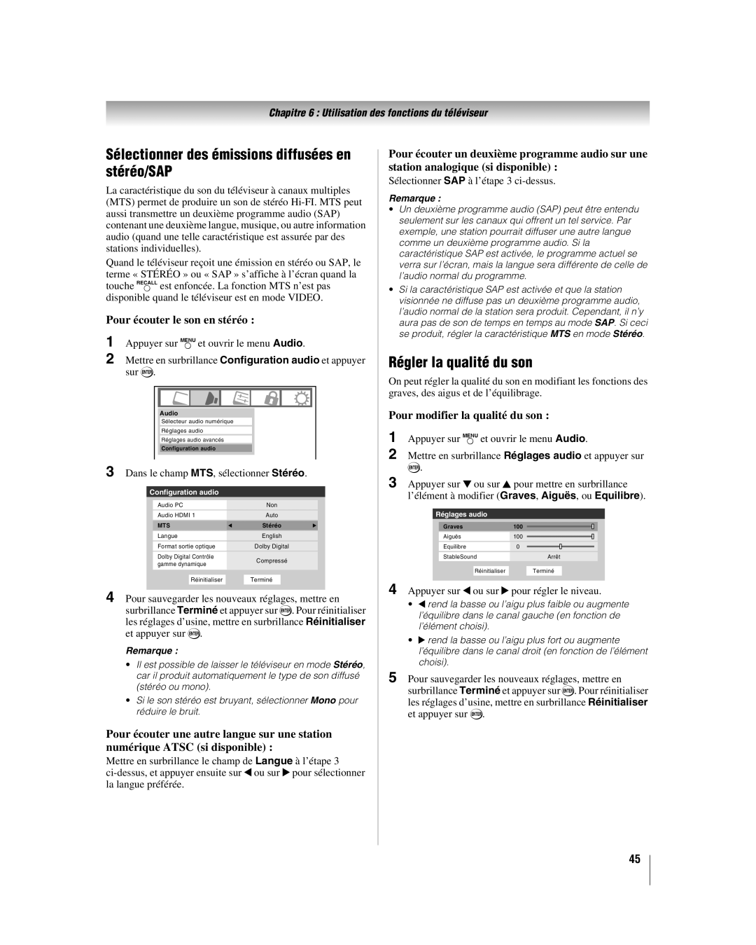 Toshiba 32HL17U, 32HL37U, 37HL17, 42HL17 Sélectionner des émissions diffusées en stéréo/SAP, Régler la qualité du son 