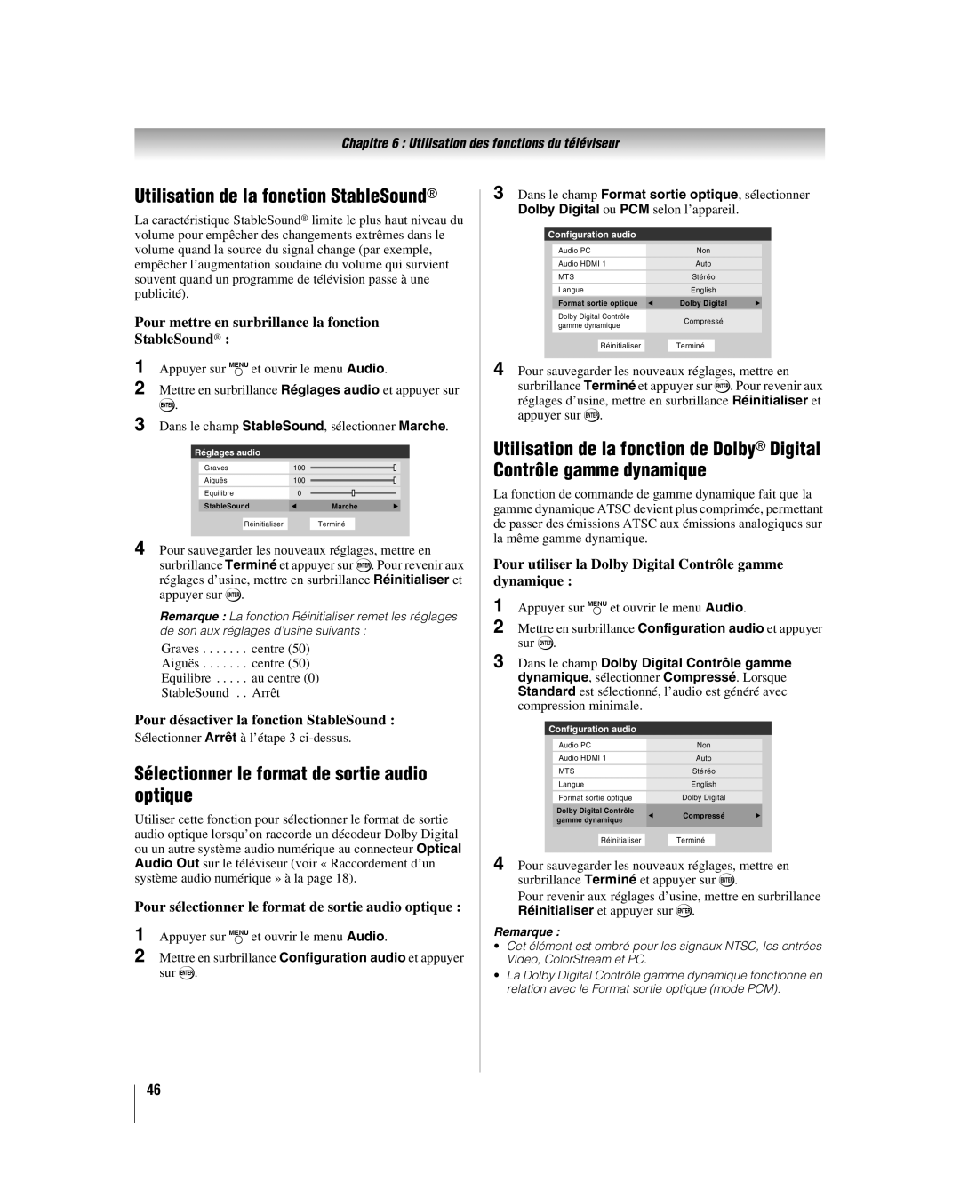 Toshiba 32HL17U, 32HL37U, 37HL17 Utilisation de la fonction StableSound, Sélectionner le format de sortie audio optique 