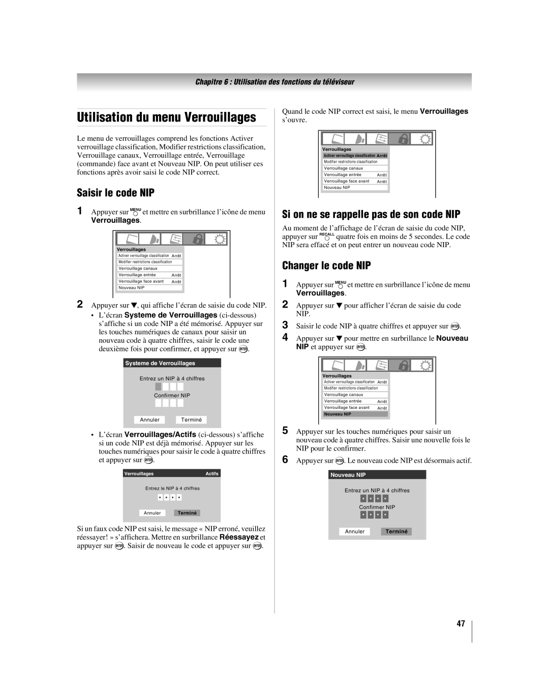 Toshiba 32HL37U, 32HL17U Utilisation du menu Verrouillages, Saisir le code NIP, Si on ne se rappelle pas de son code NIP 