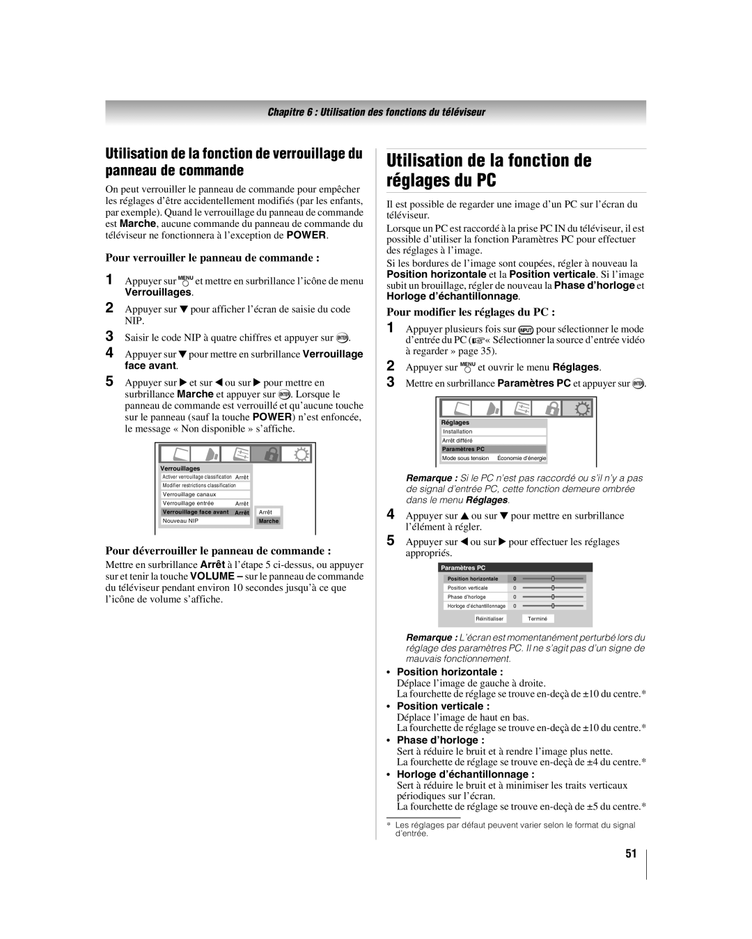 Toshiba 32HL17U, 32HL37U, 37HL17 Utilisation de la fonction de réglages du PC, Pour verrouiller le panneau de commande 