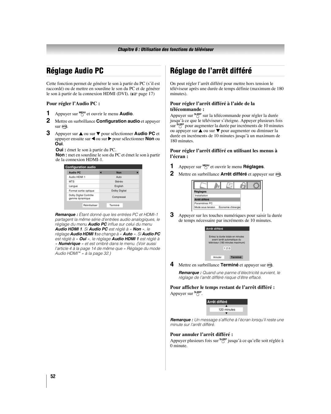 Toshiba 32HL37U, 32HL17U, 37HL17, 42HL17 manual Réglage Audio PC, Réglage de l’arrêt différé 