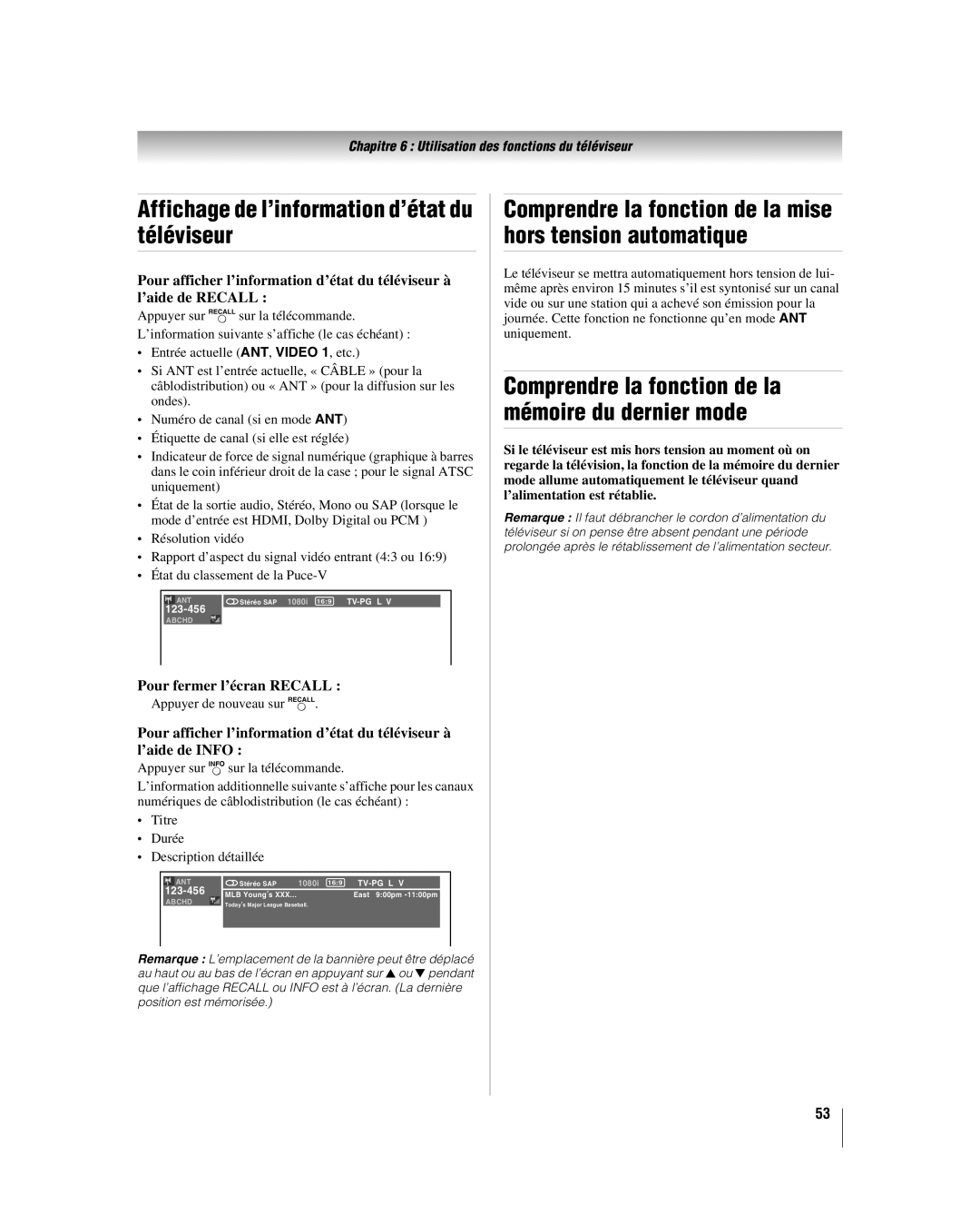 Toshiba 37HL17 Affichage de l’information d’état du téléviseur, Comprendre la fonction de la mise hors tension automatique 