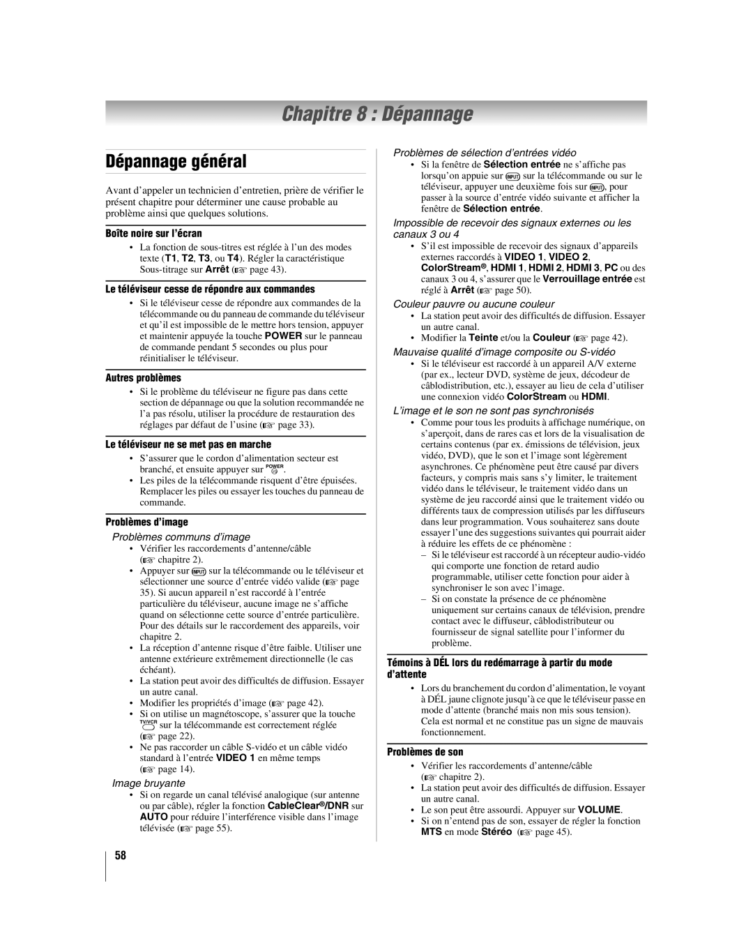 Toshiba 37HL17, 32HL17U, 32HL37U, 42HL17 manual Chapitre 8 Dépannage, Dépannage général 